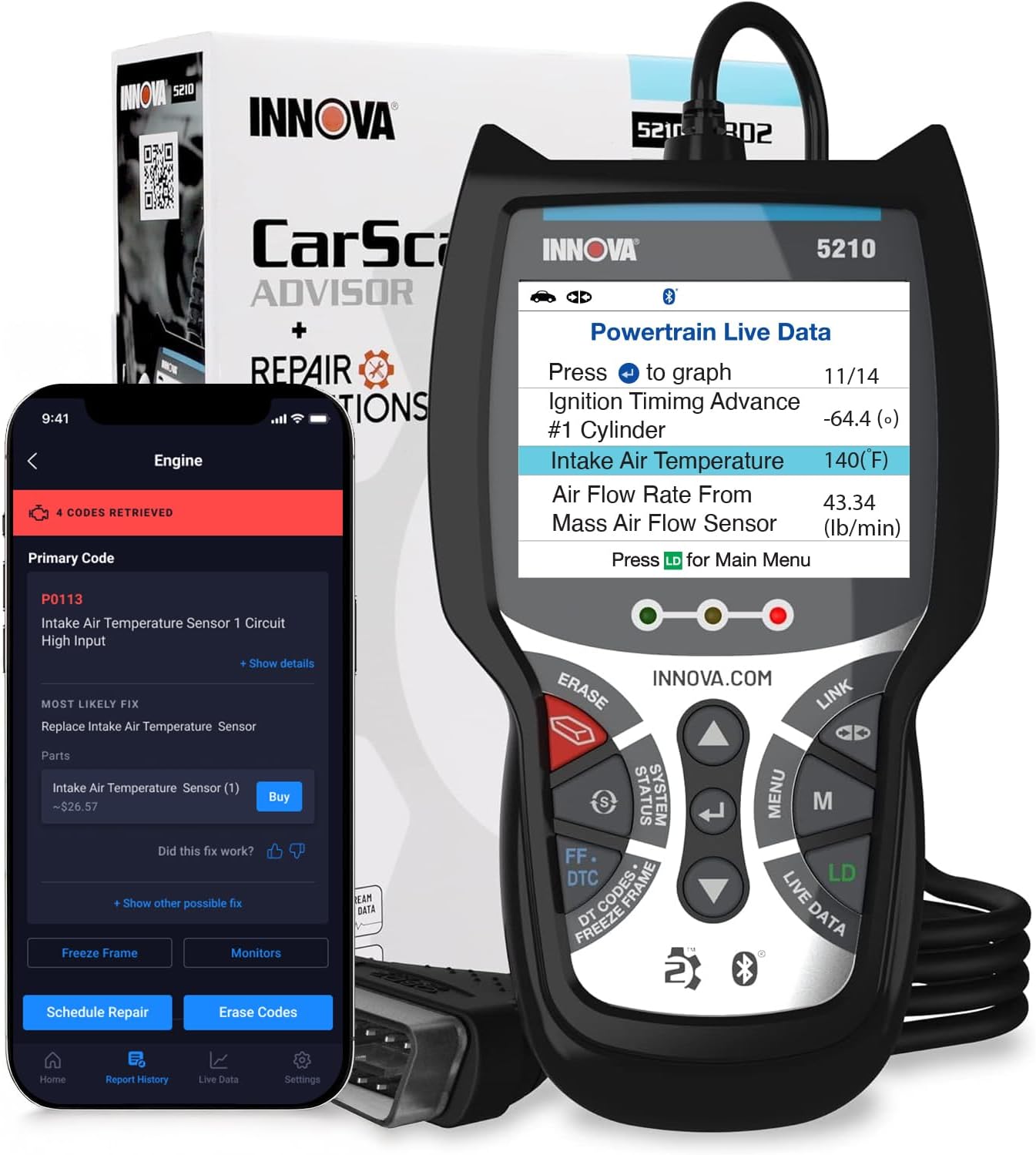 Innov 521 OBD Scanne Engin Cod Reader Batter Tester Liv Data Oi Reset Ca Diagnosti Too fo Mos Vehicles Bluetoot Compatibl wit America' To Ca Repai App