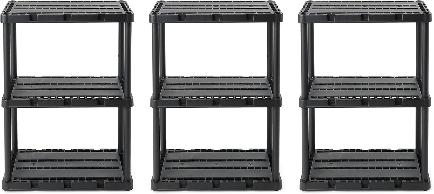 Gracious Living 3 Pack Light Duty Storage Shelves, Knect-A-Shelf 3-Shelf Ventilated Shelving Rack Organizer for Home, Garage, Basement, Laundry, Black