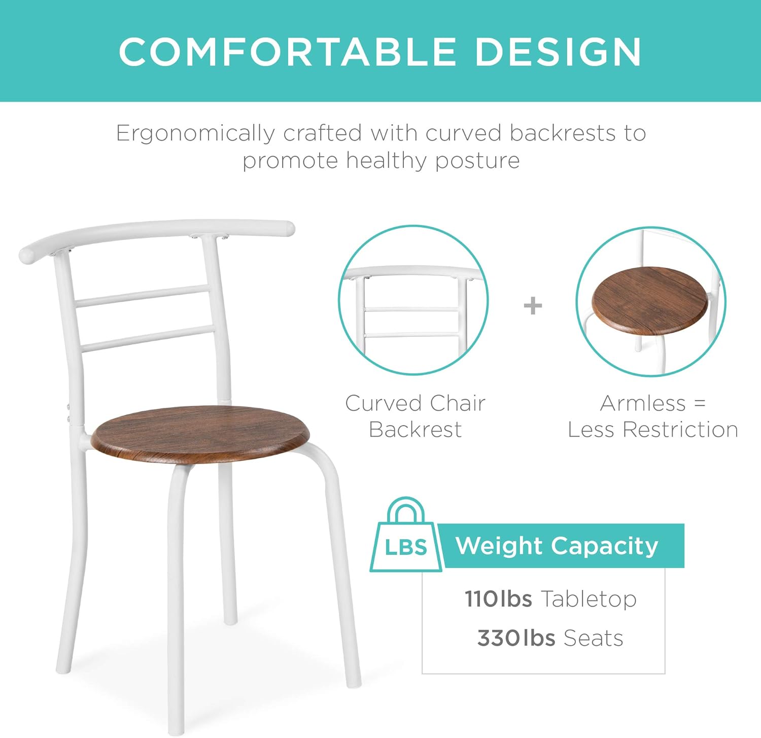 Best Choice Products 3-Piece Wooden Round Table Chair Set for Kitchen, Dining Room, Compact Space w/Steel Frame, Built-in Wine Rack - White/Brown