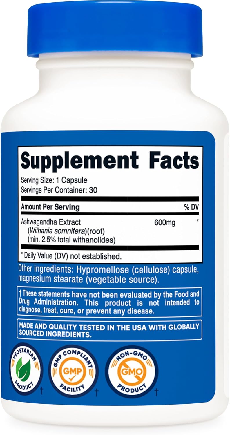 Nutricos Ashwagandh Roo Extrac Herba Supplemen 600mg 3 Capsule Vegetarian GMO-Free Glute Free