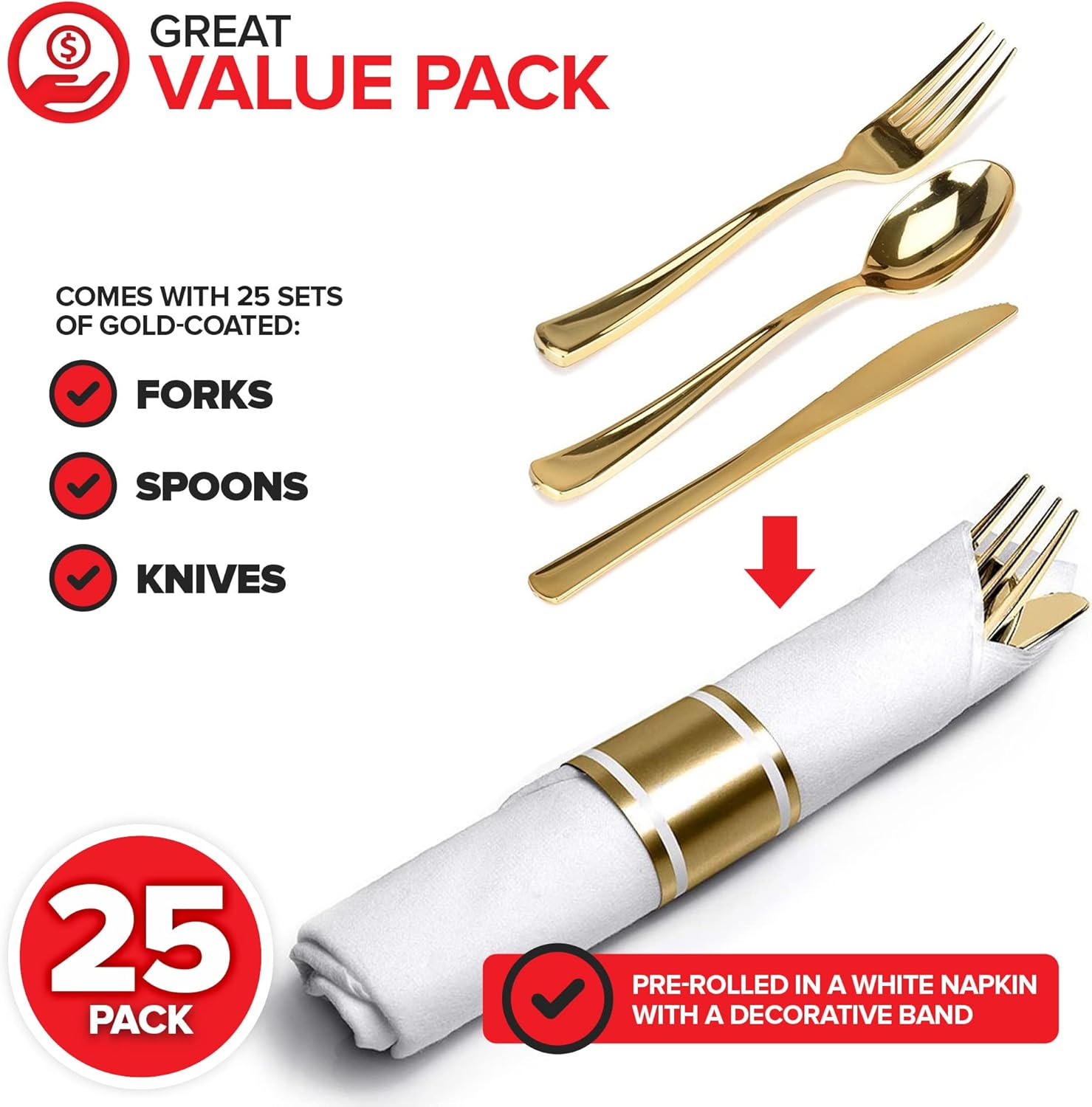 Pre Rolled Plastic Silverware Sets for Parties (25 Pack) Gold Cutlery Set, Disposable Spoons, Forks, Knives, Napkins Prewrapped, Heavy Duty Utensils Individually Wrapped for Wedding, Thanksgiving