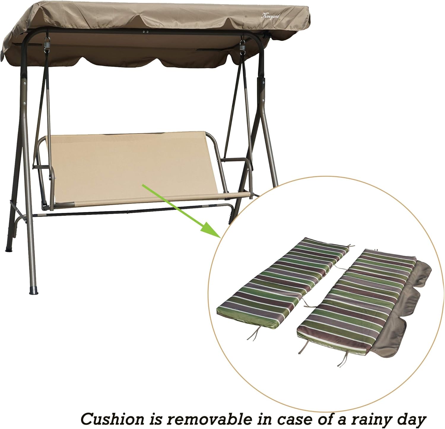 Kozyard Alicia Patio Swing Chair - Comfortable 3 Cushion Seats with Strong Steel Frame, Adjustable Canopy and Removable Cushion Ideal Glider Swing for Outdoors, Garden, Poolside, Balcony (Lime Stripe)