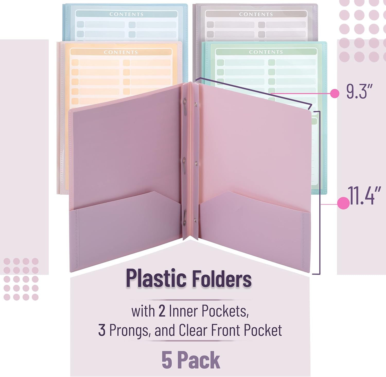 Mr. Pen- Plastic Folders with Clear Front Pocket, 5 pcs, Pastel Colors, File Folders with Fasteners for Documents
