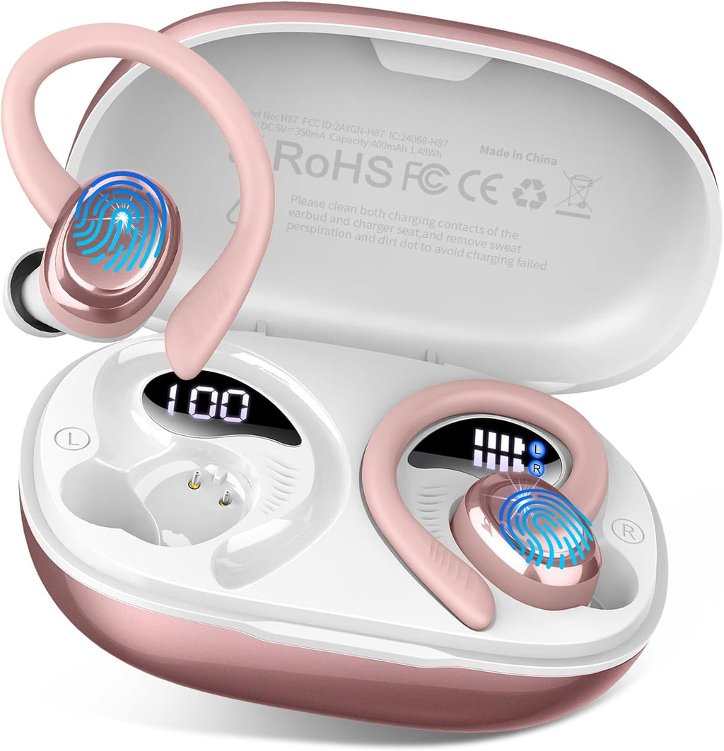 Wireless Earbuds Bluetooth 5.4 Headphones Sport, 2025 Bluetooth Earbuds with Earhooks, 50H Stereo Over Ear Buds, Earphone with 4 ENC Noise Canceling Mic, IP7 Waterproof Headset for Running/Gym/Workout