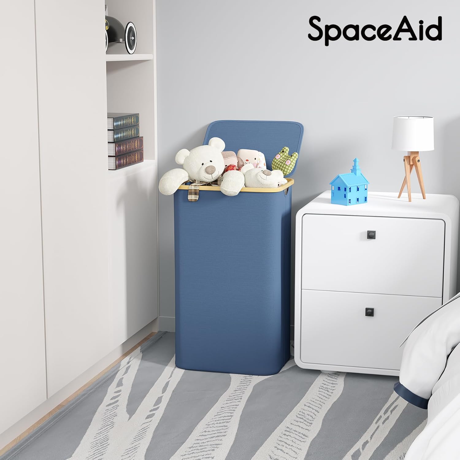 SpaceAid Laundry Hamper with Lid, 110L Large Tall Clothes Basket Bin with Bamboo Handles, Collapsible Laundry Hamper for Bedroom, Bathroom, Dorm, Laundry Room - Blue