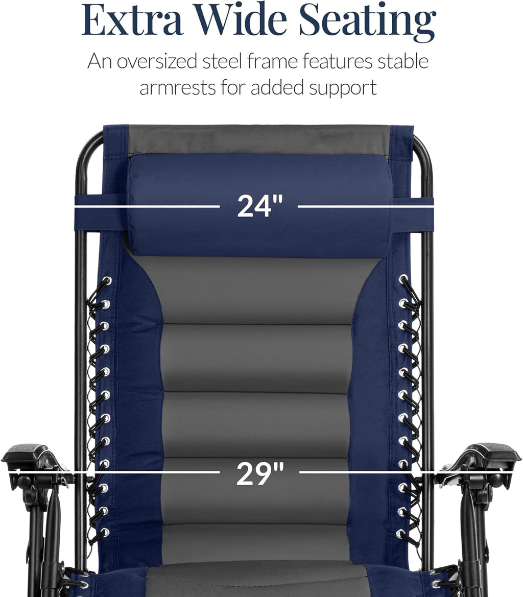 Best Choice Products Oversized Padded Zero Gravity Chair, Folding Outdoor Patio Recliner, XL Anti Gravity Lounger for Backyard w/Headrest, Cup Holder, Side Tray, Polyester Mesh - Navy/Gray