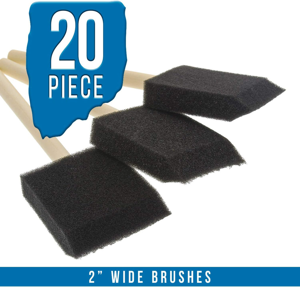 US Art Supply 2 inch Foam Sponge Wood Handle Paint Brush Set (Value Pack of 20) - Lightweight, Durable and Great for Acrylics, Stains, Varnishes, Crafts, Art
