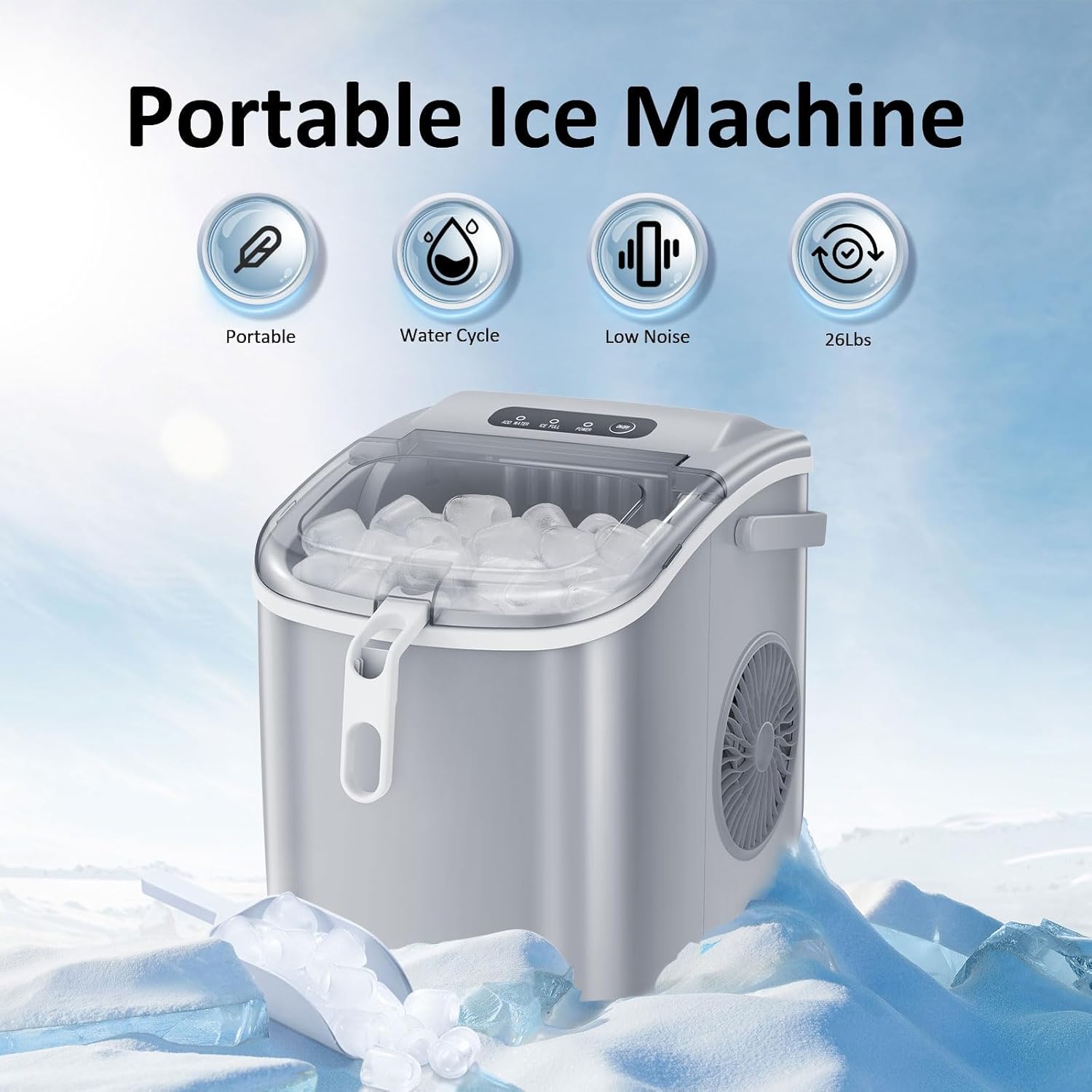 Antarcti Sta Counterto Ic Make Portabl Ic Machin wit Handle,Self-Cleanin Bulle Ic Makers 26Lbs/24H Ic Cube Read i Min fo Hom Kitche Ba Part (Grey)