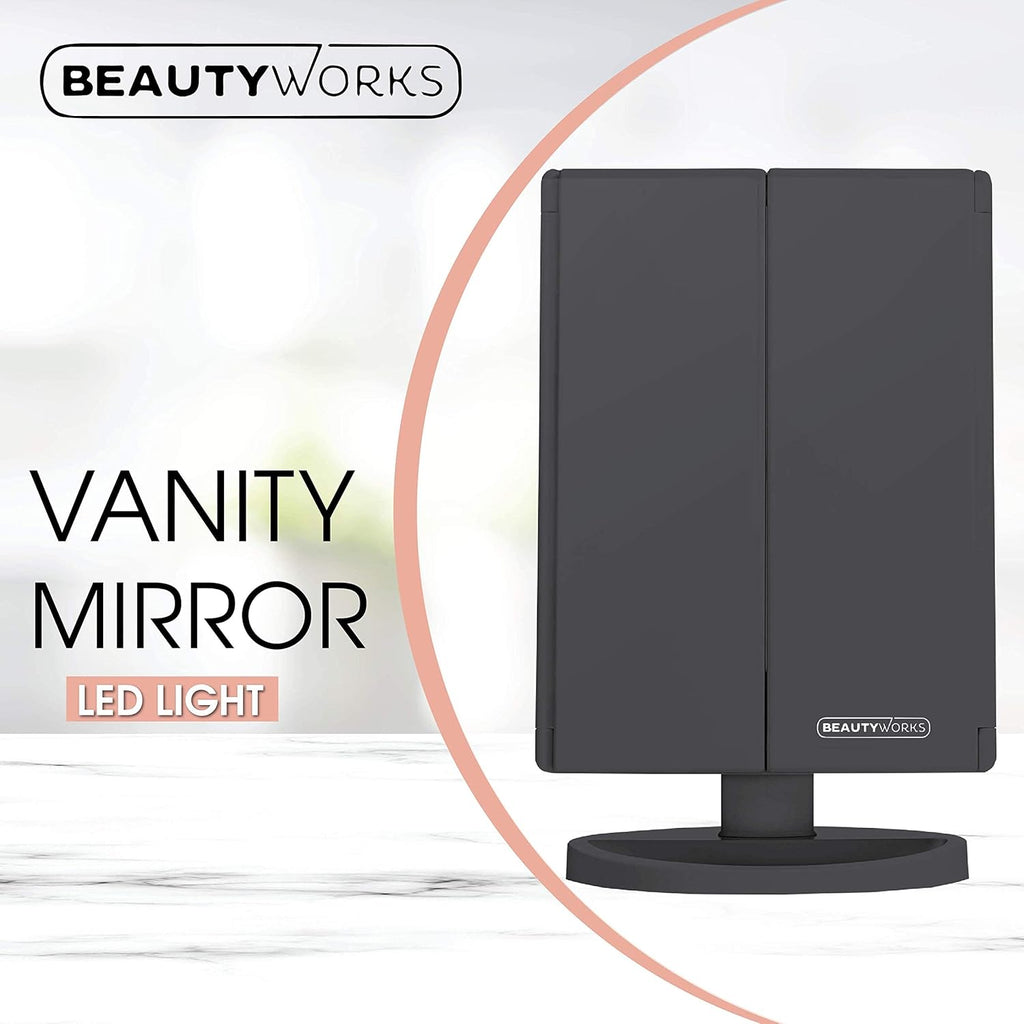 Beautywork Backli Makeu Vanit Mirro 3 LE Light Touch-Scree Ligh Control Tri-Fol 1/2/3 Magnification Portabl High-Definitio Cosmeti Magnifyin Persona Makeu Mirror (Midnigh Black)