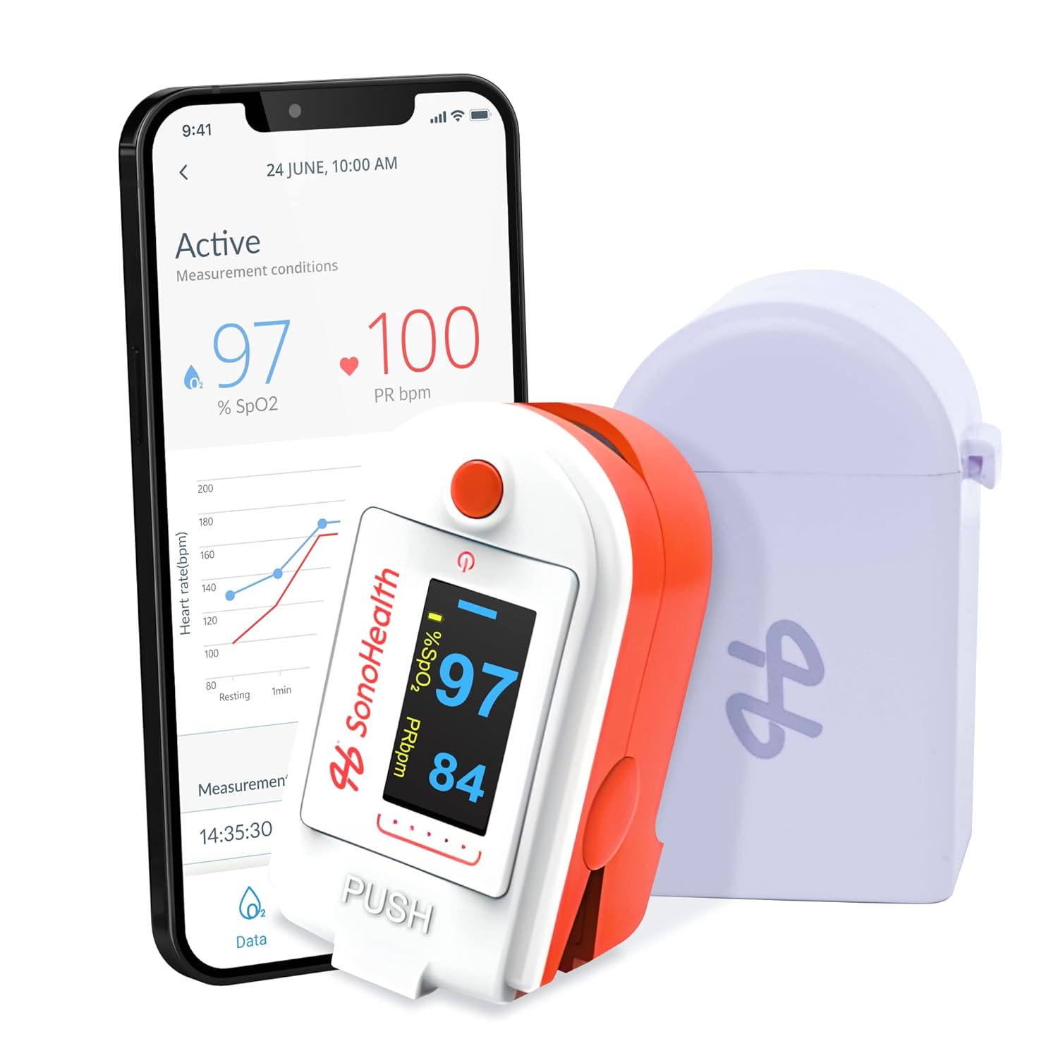 Puls Oximete b SonoHealt Fingerti Bloo Oxyge Saturatio Monitor Dat Recording Bluetooth-Enable Lifetim Mobil Ap Acces (Puls Ox 1.0)