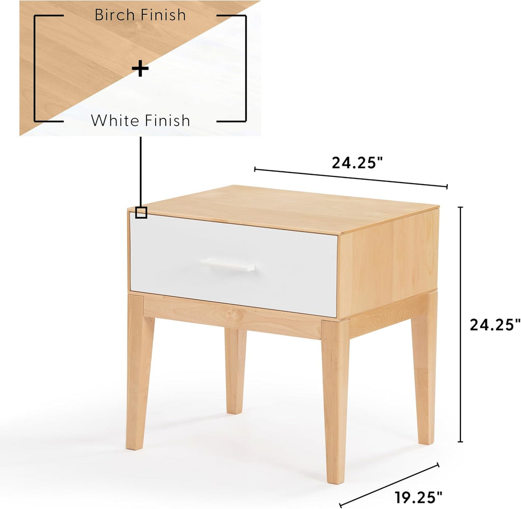 Plank+Beam Duo Wood Nightstand with 1 Drawer, Wooden Side Table for Bedroom Storage, Bedside End Table, White/Birch