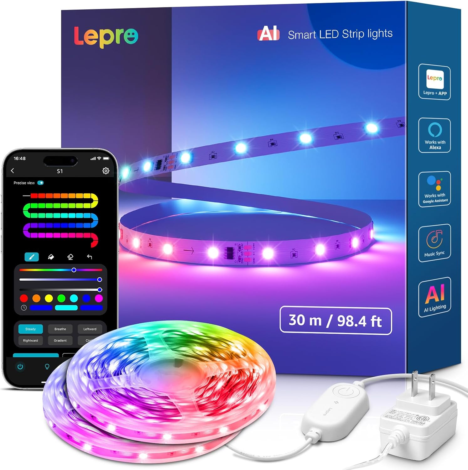 Lepro S1 AI LED Strip Lights for Christmas Decorations, 100ft(2 Rolls of 50ft) Smart RGB Light Strips with IC, Music Sync, Personalized Al Lighting Designer, No Remote, 2.4GHz Wi-Fi & Bluetooth