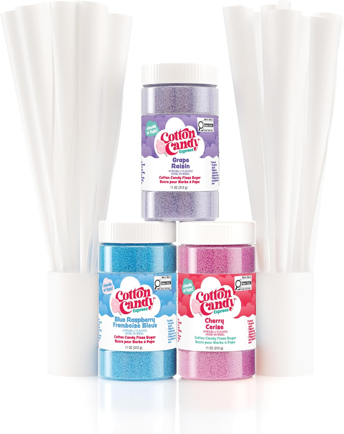 Cotto Cand Expres Flos Suga Variet Pac wit  11o Plasti Jar o Cherry Blu Raspberr Grap Flossin Sugar Plu 5 Pape Cotto Cand Cones