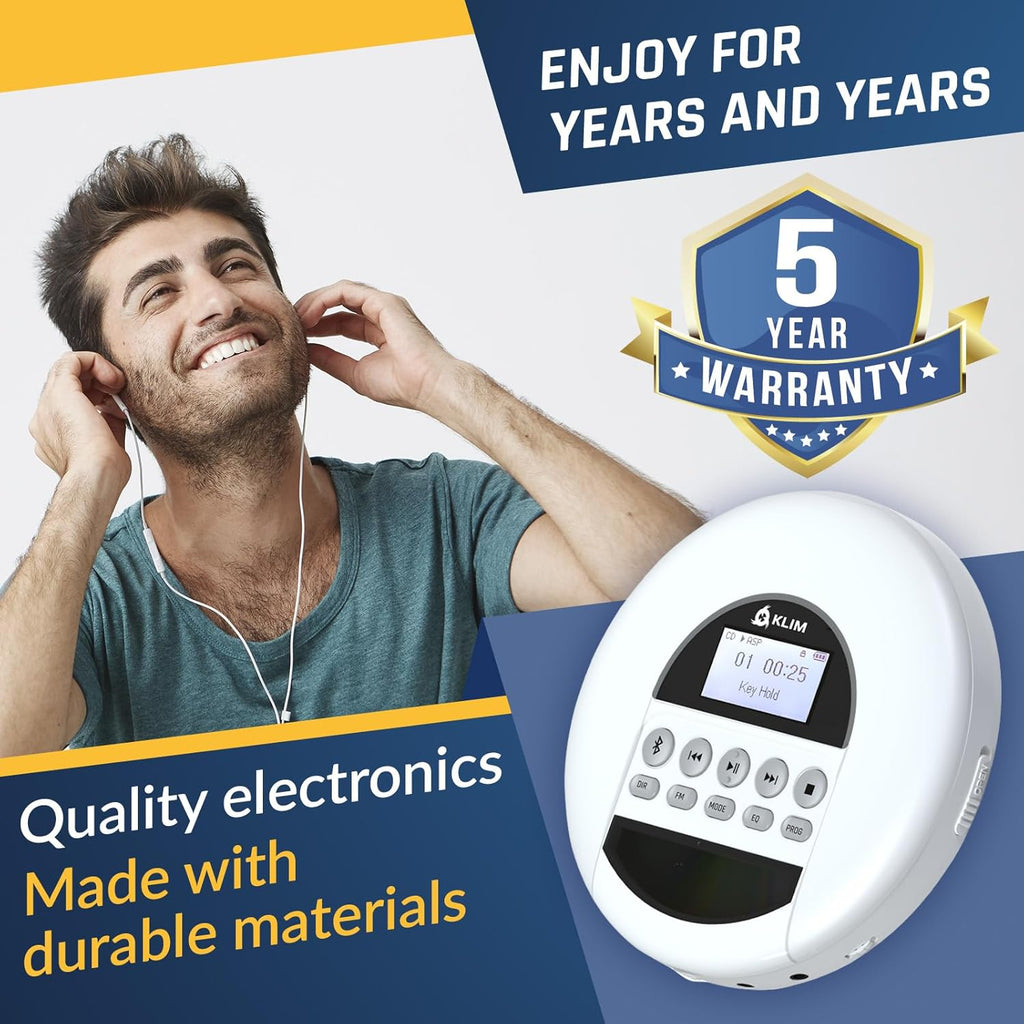 KLIM Nomad - New - Portable CD Player with Long-Lasting Battery - with Headphones - Radio FM - Compatible MP3 CD Player Portable - TF Card Radio FM Bluetooth - Ideal for Cars - White