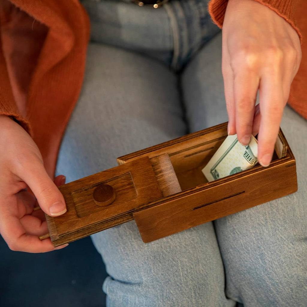 Bits and Pieces Secret Money Puzzle Box - Camouflage Your Cash Money Holder - Wooden Brain Teaser - Wooden Secret Hidden Compartment (Single Knob Puzzle Box)