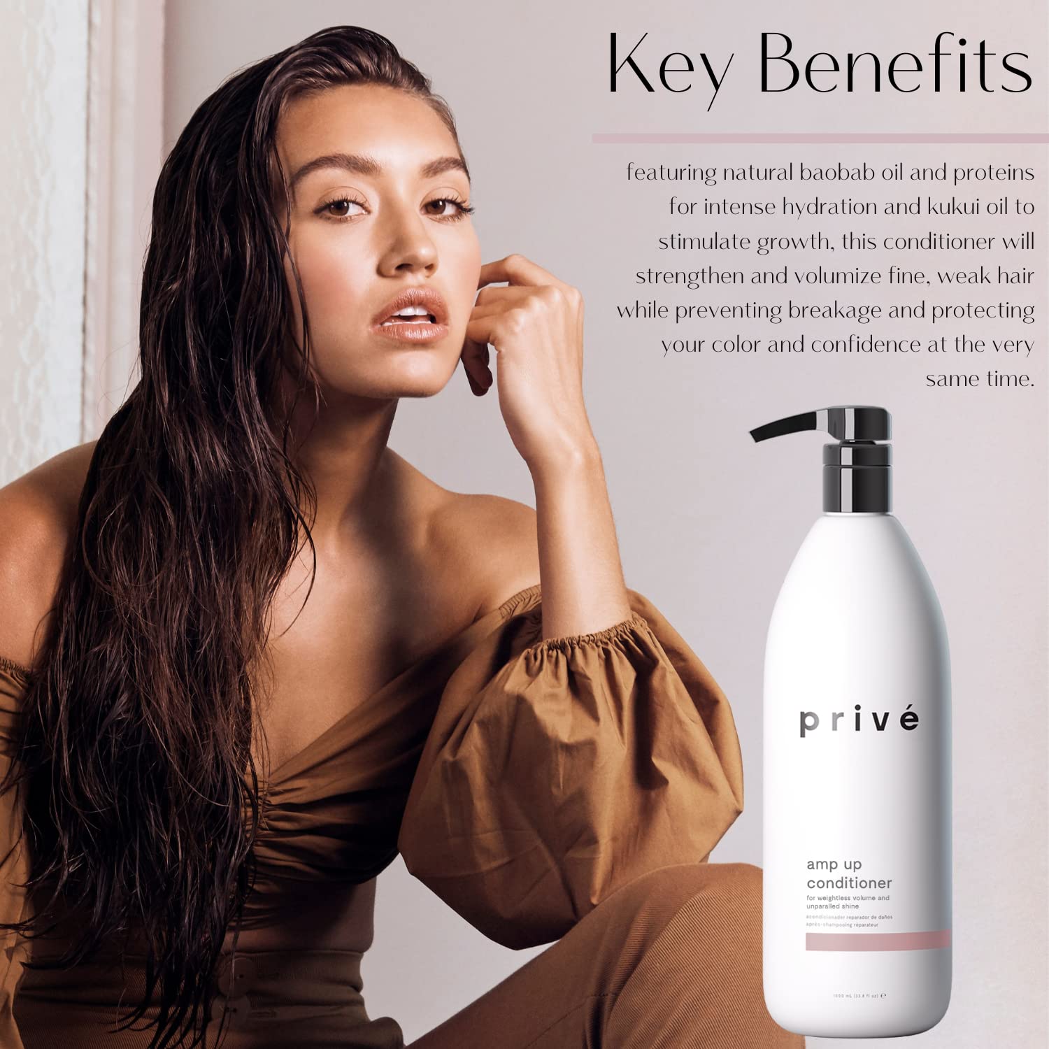 Priv¨¦ Amp Up Volumizing Conditioner for Fine Hair - Sulfate Free Hair Conditioner for Men Women - Vegan Color-Safe Formula with Bamboo, Green Tea Acai - Provides Weightless Moisture (33.8 oz)