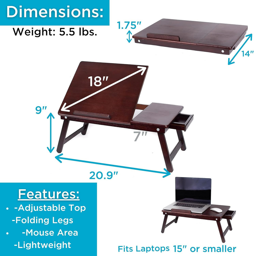 BIRDROCK HOME Bamboo Laptop Bed Tray with Adjustable Tilt Surface | Foldable Legs Pullout Storage Drawer | Wooden Lap Desk for Work, Reading, or Eating | Fits Laptops Up to 15inch | Walnut Finish