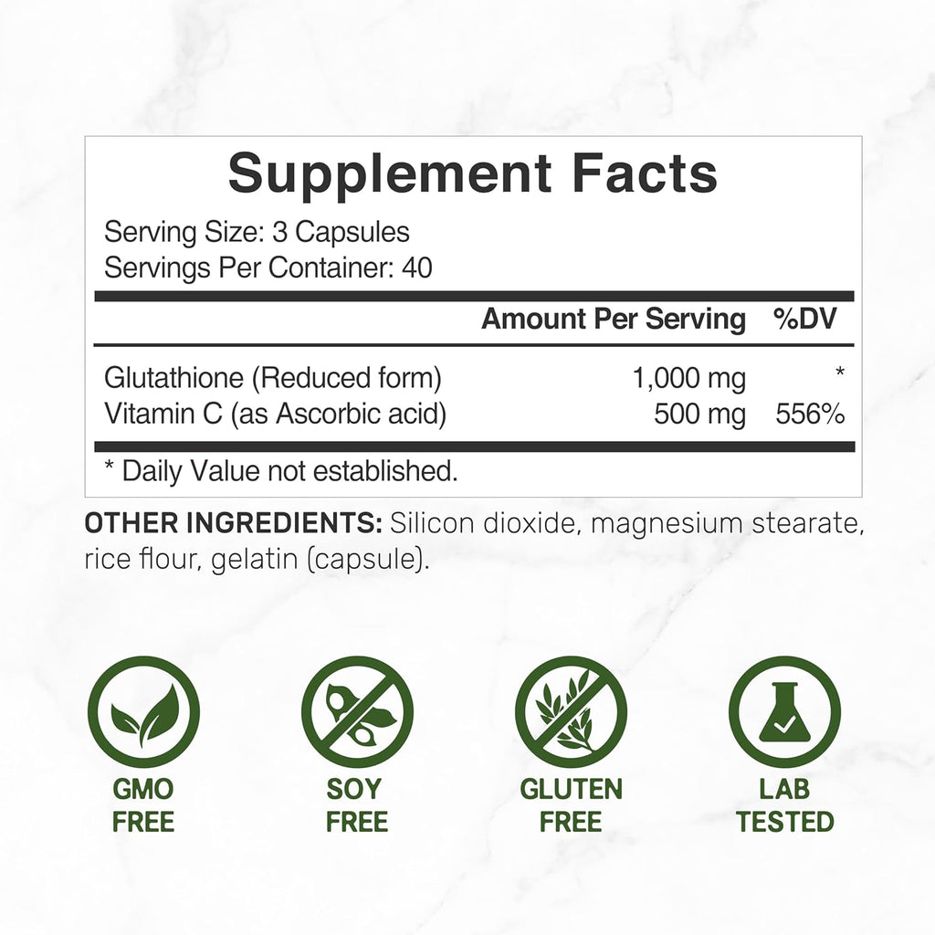 Glutathion Supplemen 1,000m Pe Serving 98 Purit Plu Vitami 500mg Activ Reduce For (GSH Intracellula Antioxidan Support Detoxificatio Immun Health