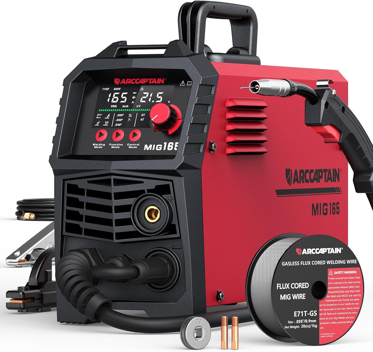 ARCCAPTAIN 165A MIG Welder 110V/220V, 2025 Newest [Large LED Display] 4 in 1 Gasless/Gas MIG/Lift TIG/Stick Welding Machine Multiprocess Welder Machine, IGBT Inverter Welder with Synergy, 2T/4T