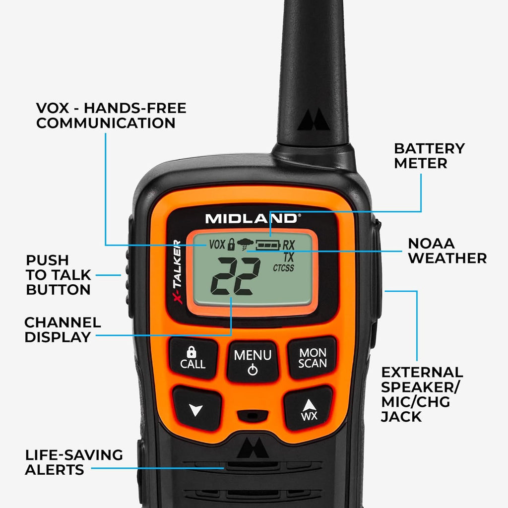 Midland- T51VP3 X-TALKER Spotting and Recovery Walkie-Talkie Long Range - FRS Two Way Radio for kids Caravanning with NOAA Weather Scan + Alert, 38 Privacy Codes - Black/Orange - 2 Pack