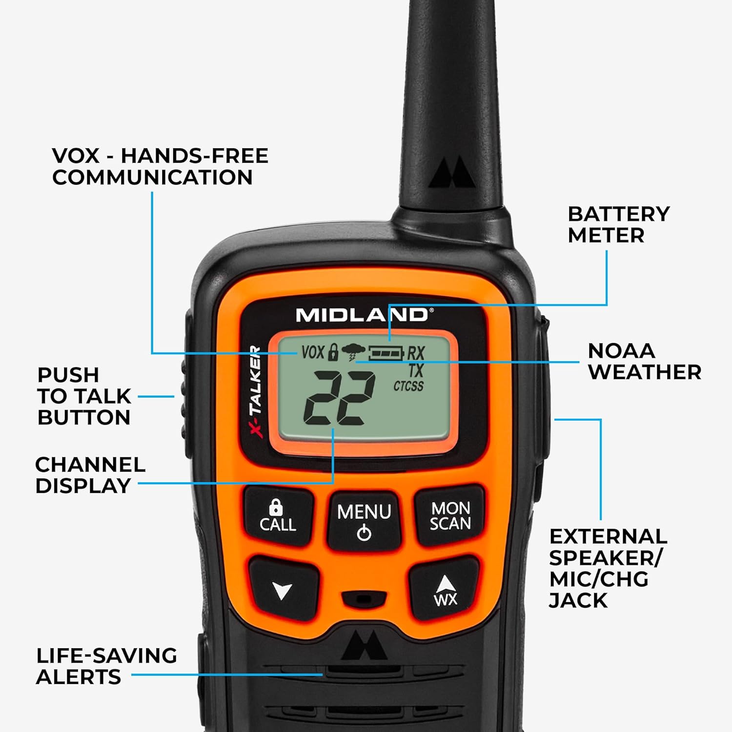 Midland- T51VP3 X-TALKER Spotting and Recovery Walkie-Talkie Long Range - FRS Two Way Radio for kids Caravanning with NOAA Weather Scan + Alert, 38 Privacy Codes - Black/Orange - 2 Pack