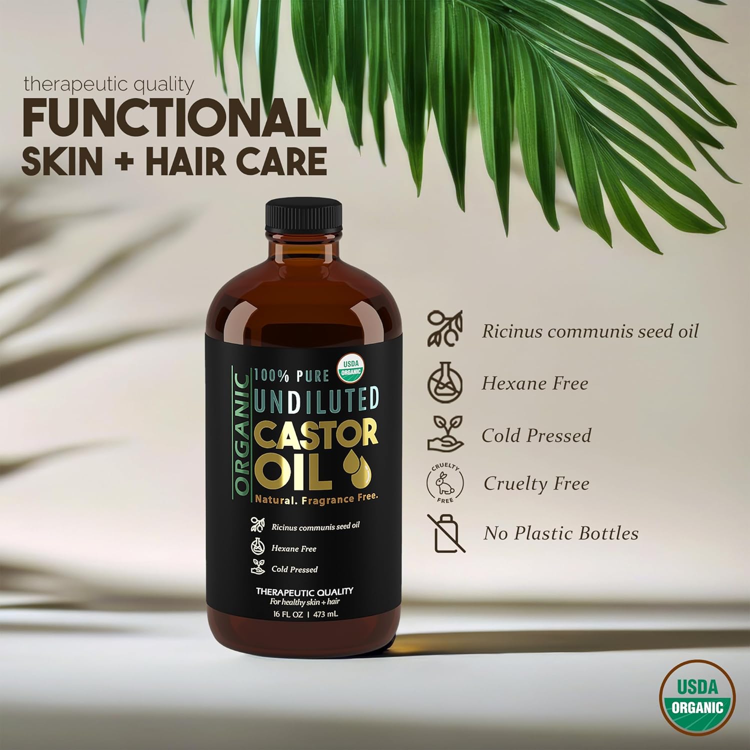 BAL O GILEA Organi Casto Oi fo Ski Hydratio Therapeuti Col Pressed USD Certifie 100 Pure Glas Bottl 1 o Unrefined Hexan Free Casto Oi fo Hai Eyelashe Growth