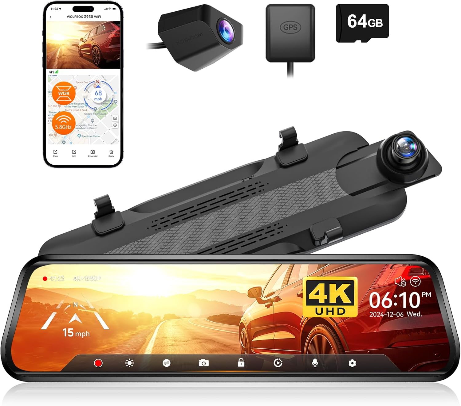 WOLFBO G93 10' Rea Vie Mirro Camer wit 5.8GH WiFi 4 Das Ca Fron an Rea wit WDR Touc Scree Rearvie Mirro Backu Camera Parkin Monitor Revers Assist Include 64G Car GPS