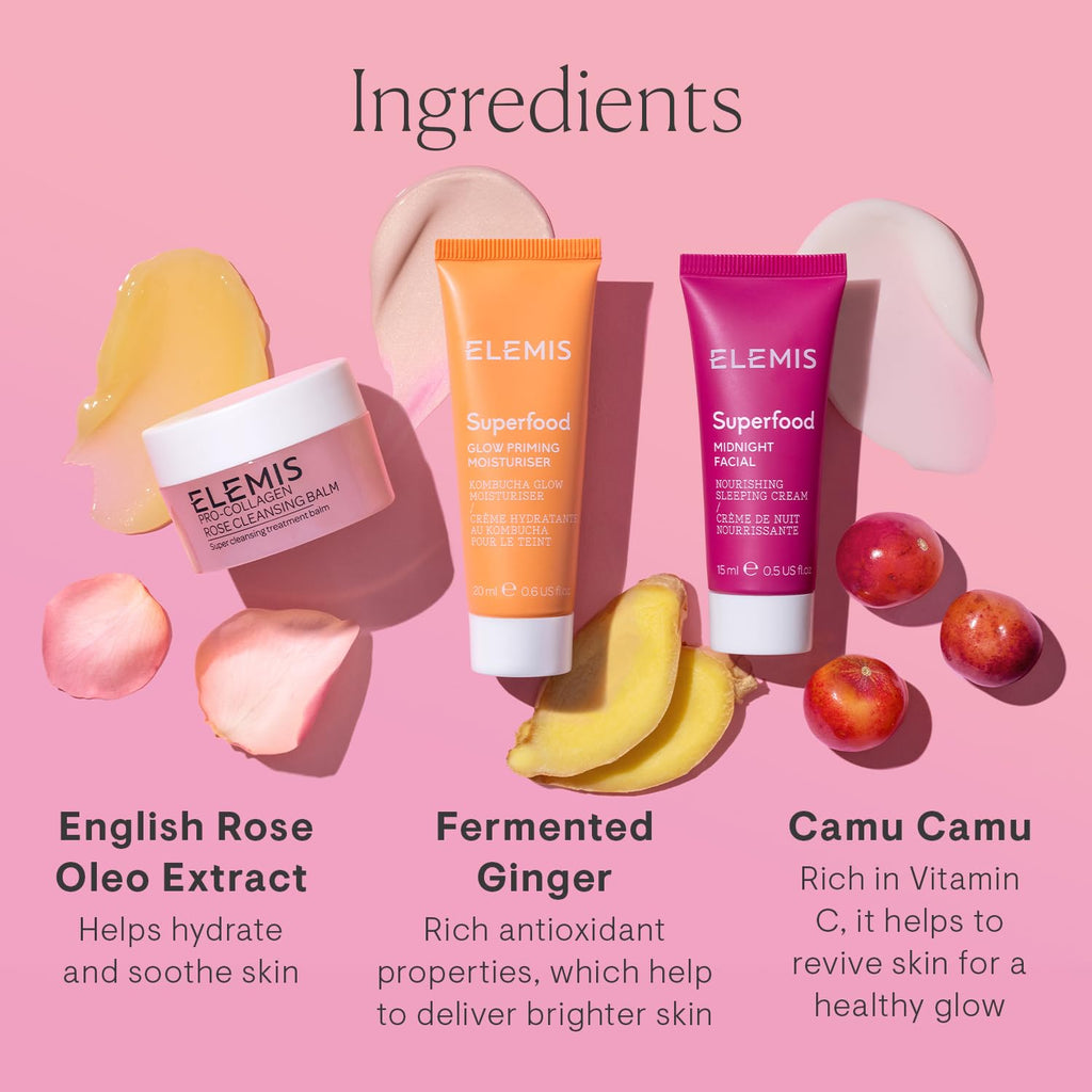 ELEMI Wa t Glo Exclusiv Skincar Kit($7 Value Trave Se wit Travel-Siz Ros Cleansin Balm Glo Primin Moisturize Midnigh Facial Nouris Illuminat Ski al day