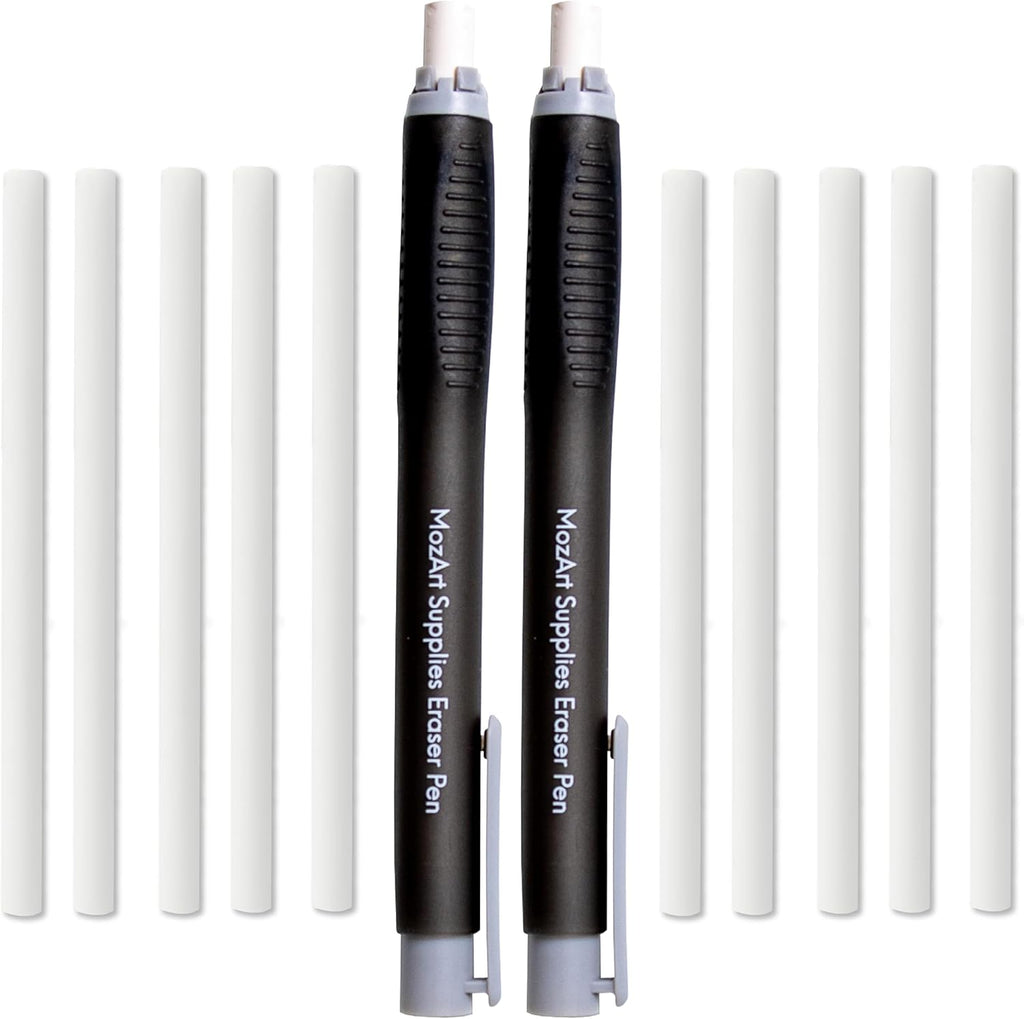 MozArt Supplies 2 Eraser Pen with 10 Jumbo Eraser Pen Refills Set, Easy to Use for Mechanical Pencil - For Sketch, Architecture, Drafting, Art, Drawing Supplies