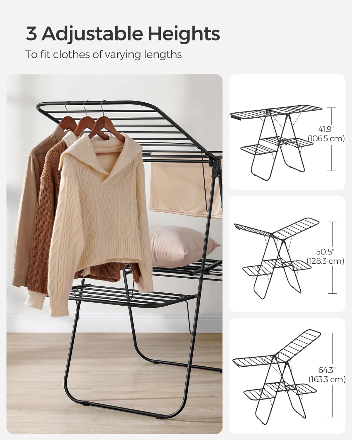 Clothes Drying Rack, Foldable 2-Level Laundry Drying Rack, Free-Standing Laundry Airer, with Height-Adjustable Wings, 33 Drying Rails, Sock Clips, Black ULLR053B01V1