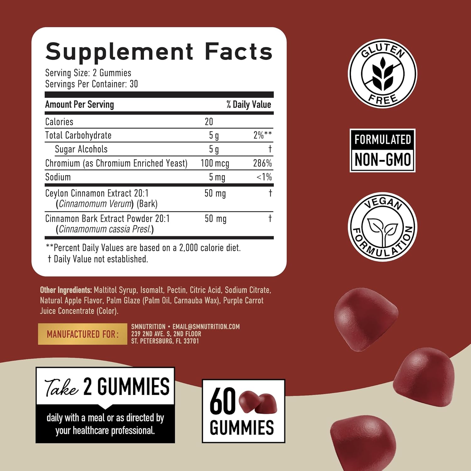 Sugar-Fre Cinnamo Gummie 2000M wit Ceylo Cinnamo Cassi Comple Sugar-Fre Lifestyl Supplemen Guilt-Fre Appl Pi Flavo wit Chromiu Vegan Non-GMO Gluten-Fre 6 Gummies