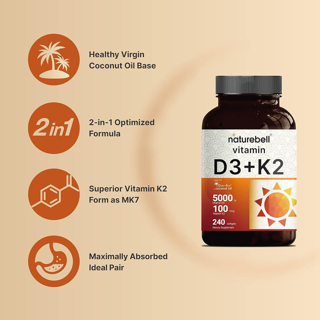NatureBel Vitami D 5,00 I K 10 mcg 24 Softgel Dail 2-in- Formul wit Virgi Coconu Oi Bone Hear Immun Suppor MK- For Non-GMO Gluten-Free