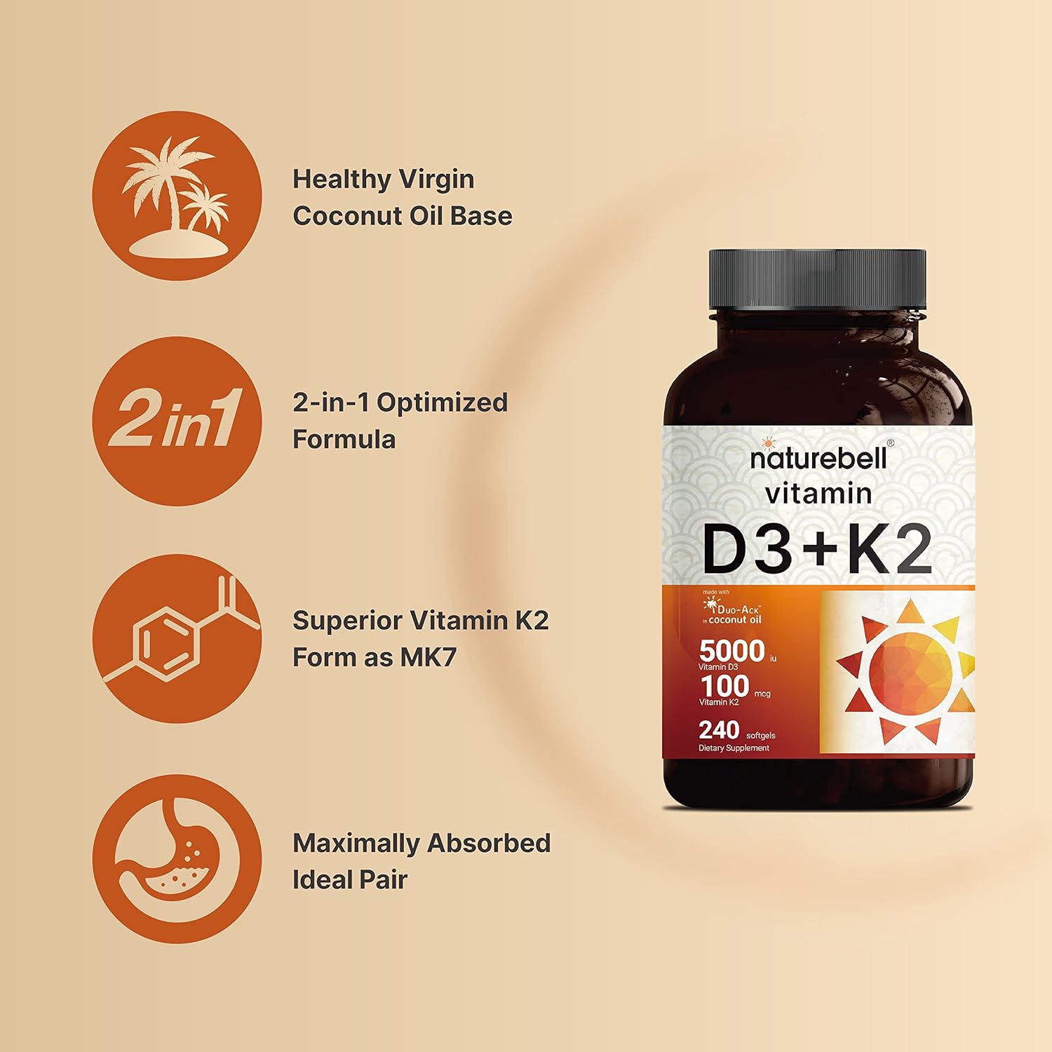 NatureBel Vitami D 5,00 I K 10 mcg 24 Softgel Dail 2-in- Formul wit Virgi Coconu Oi Bone Hear Immun Suppor MK- For Non-GMO Gluten-Free