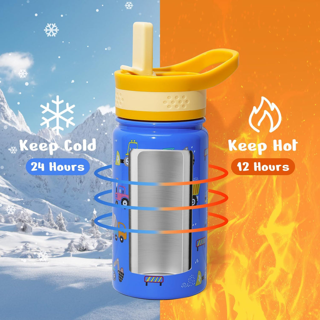 2 Pack Insulated Kids Water Bottle, BUZIO 14oz Stainless Steel Water Bottles with Tritan Straw Lid, BPA-FREE Lead-Free Double Wall Leak Proof Drink Cups Flask for School (Blue Car +Blue Dinosaur)