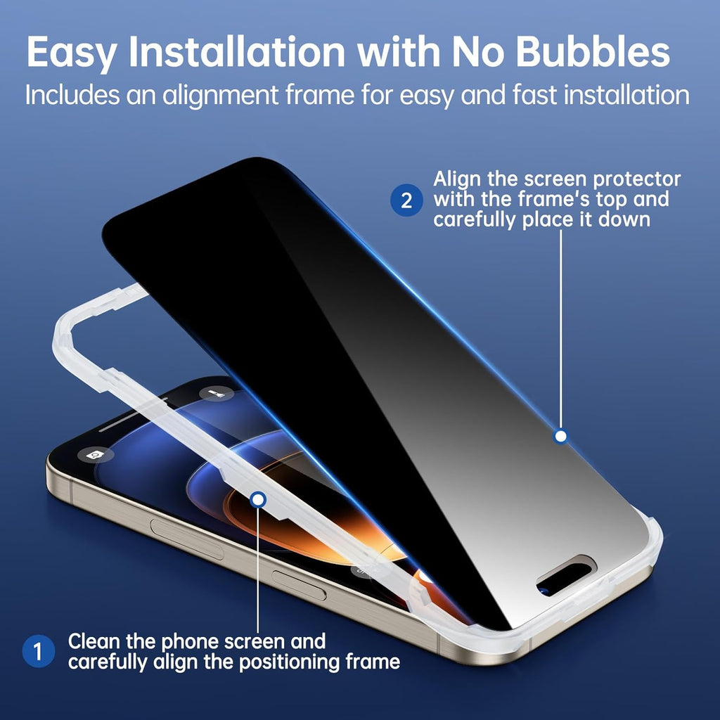 SYNCWIRE Privacy Screen Protector for iPhone 15 Pro 6.1''[2-Pack], Unbreakable True 28¡ã Anti Spy Tempered Glass Saver Black [Easy Installation Frame] [9H Hardness] [Bubble Free] [Sensitive Touch]