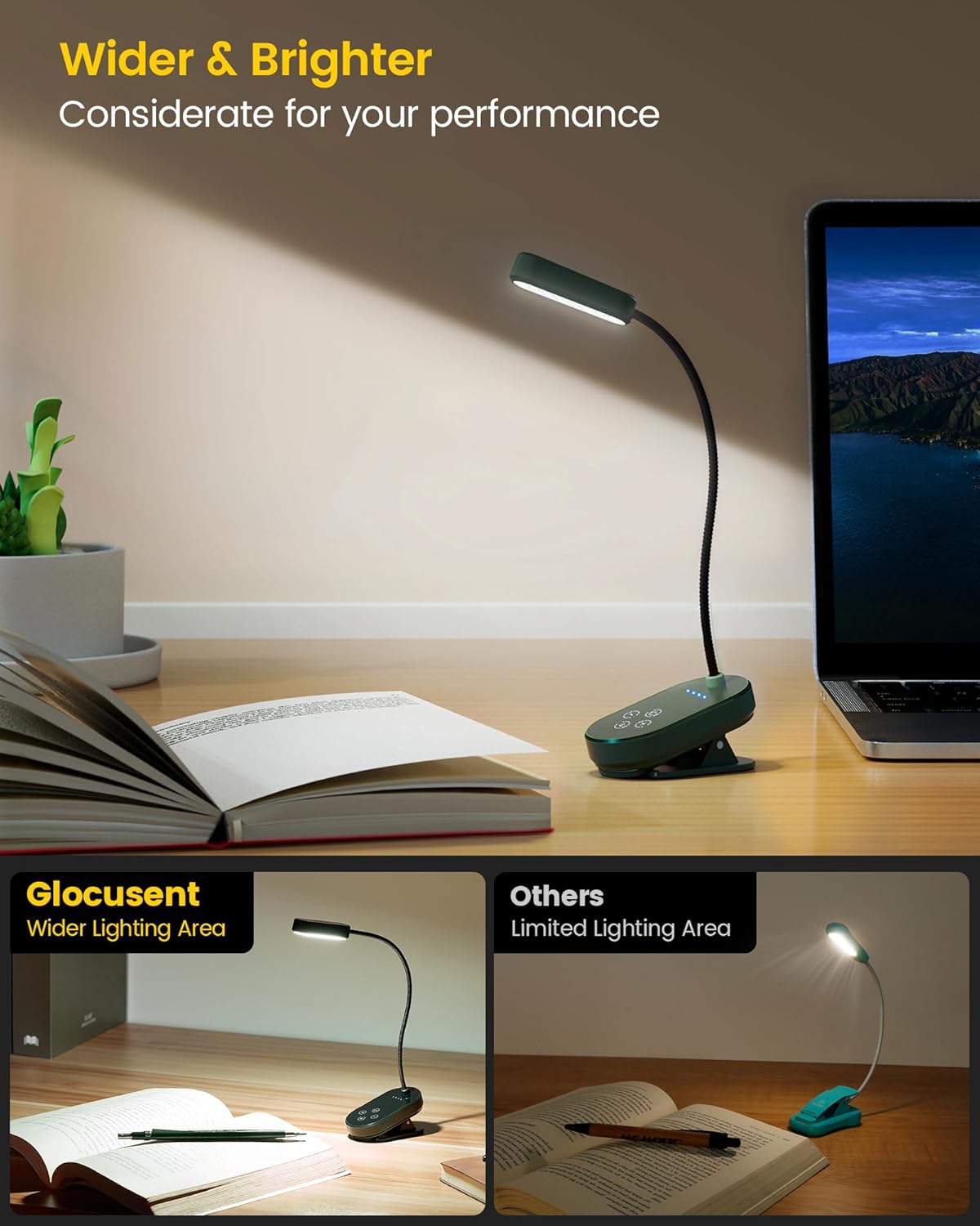 Glocusent 16 LED Mini Book Light for Reading in Bed, Clip On Reading Light, Rechargeable Long Lasting for 80+Hrs, 3 Colors 5 Brightness Levels, Perfect Reader Gifts, Book Lovers, Kids (Green)