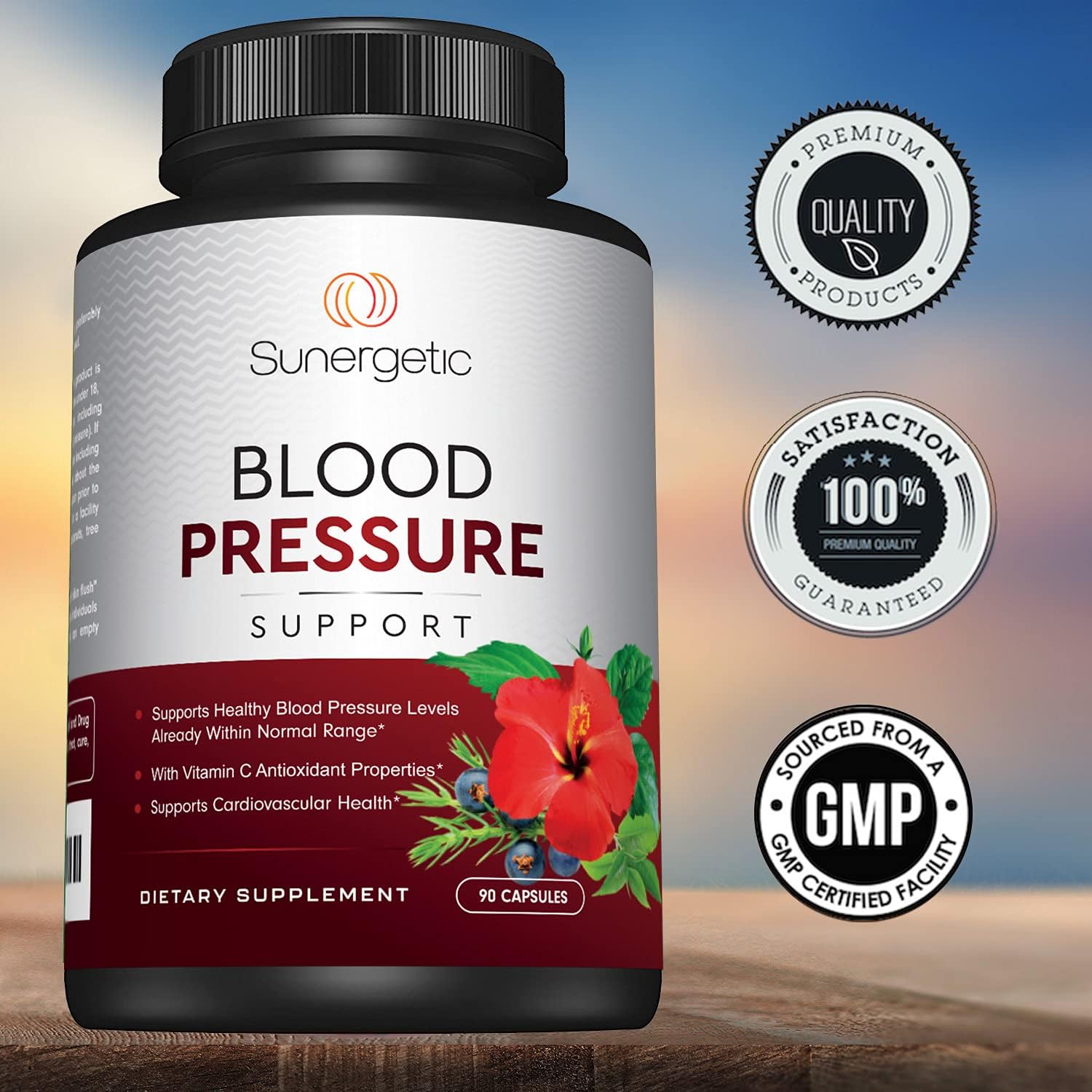 Sunergetic Premium Blood Pressure Support Supplement for Cardiovascular & Heart Health with Garlic, Hawthorn & Hibiscus (90 Capsules)