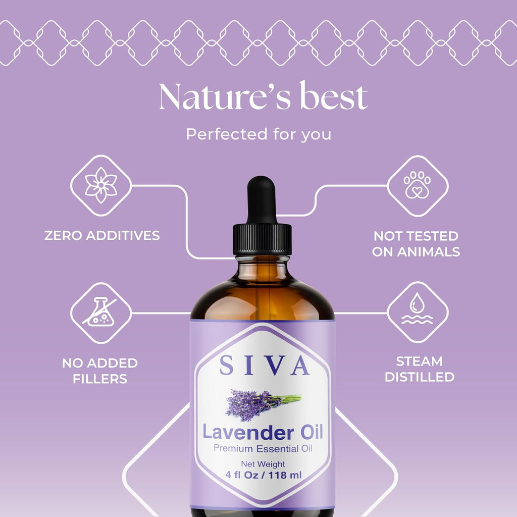 Siva Lavender Essential Oil - 4 Fl Oz ¨C 100% Natural Lavender Oil - for Diffuser, Face, Skin Care, Aromatherapy, Hair Care, Scalp and Body Massage - with Dropper