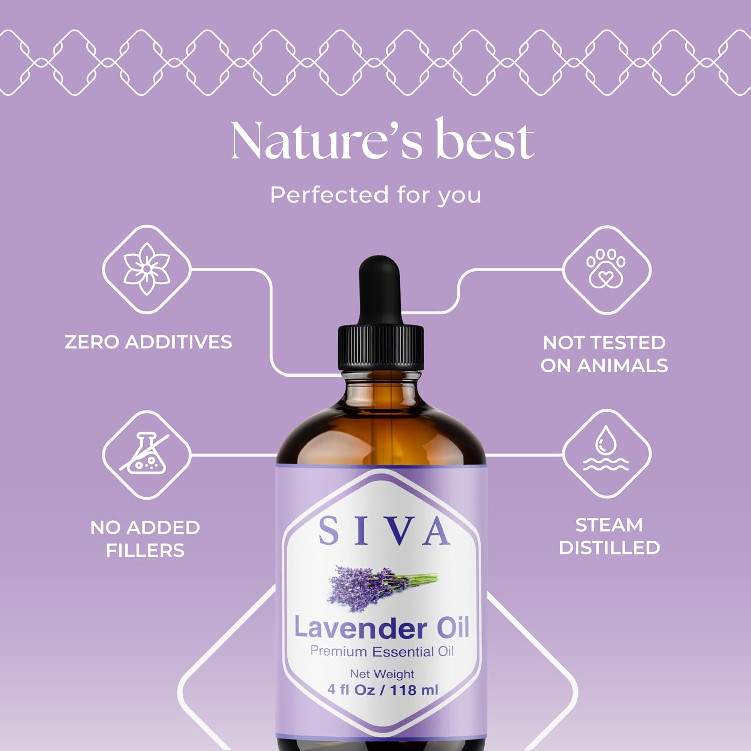 Siva Lavender Essential Oil - 4 Fl Oz ¨C 100% Natural Lavender Oil - for Diffuser, Face, Skin Care, Aromatherapy, Hair Care, Scalp and Body Massage - with Dropper