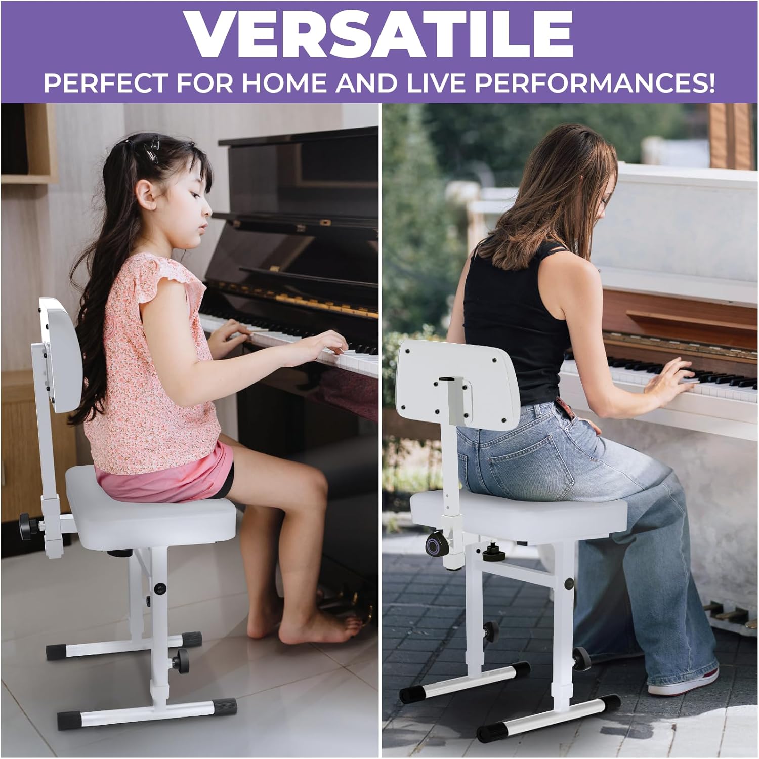 Liquid Stands White Adjustable Piano Bench with Backrest ¨C Music Keyboard Bench Seat for Digital & Electric Pianos - Musicians Stylish Seating, Comfortable, Sturdy, Padded Cushion - Piano Stool Chair