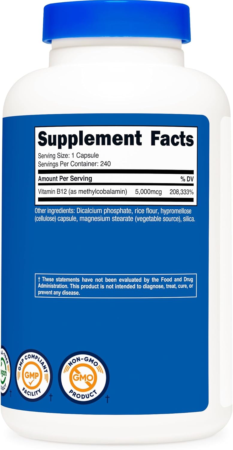Nutricost Vitamin B12 (Methylcobalamin) 5000mcg, 240 Capsules - Vegetarian Caps, Non-GMO, Gluten Free B12 Supplement