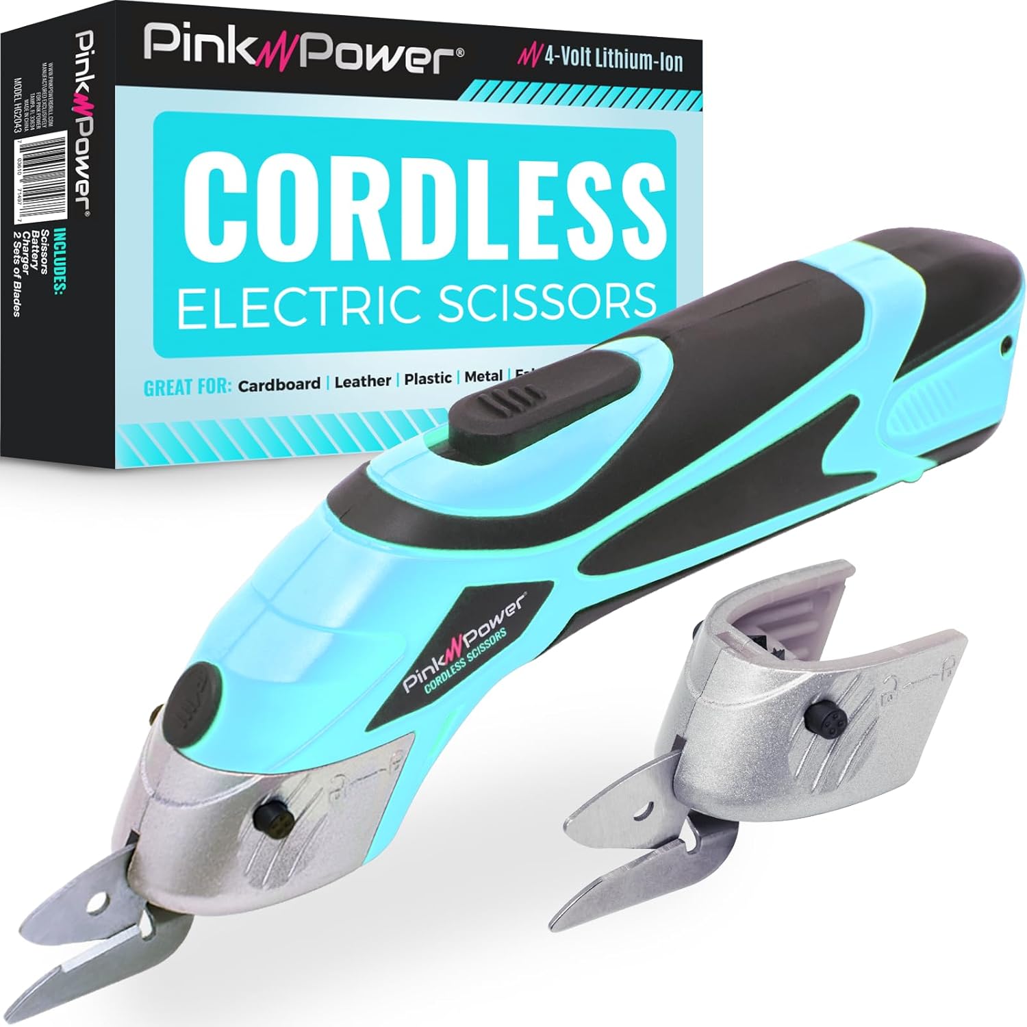 Pink Power Electric Fabric Scissors Box Cutter for Crafts, Sewing, Cardboard, Carpet, Scrapbooking - Heavy Duty Professional Shears Cutting Tool - Aqua Splash Automatic Cordless Electric Scissors