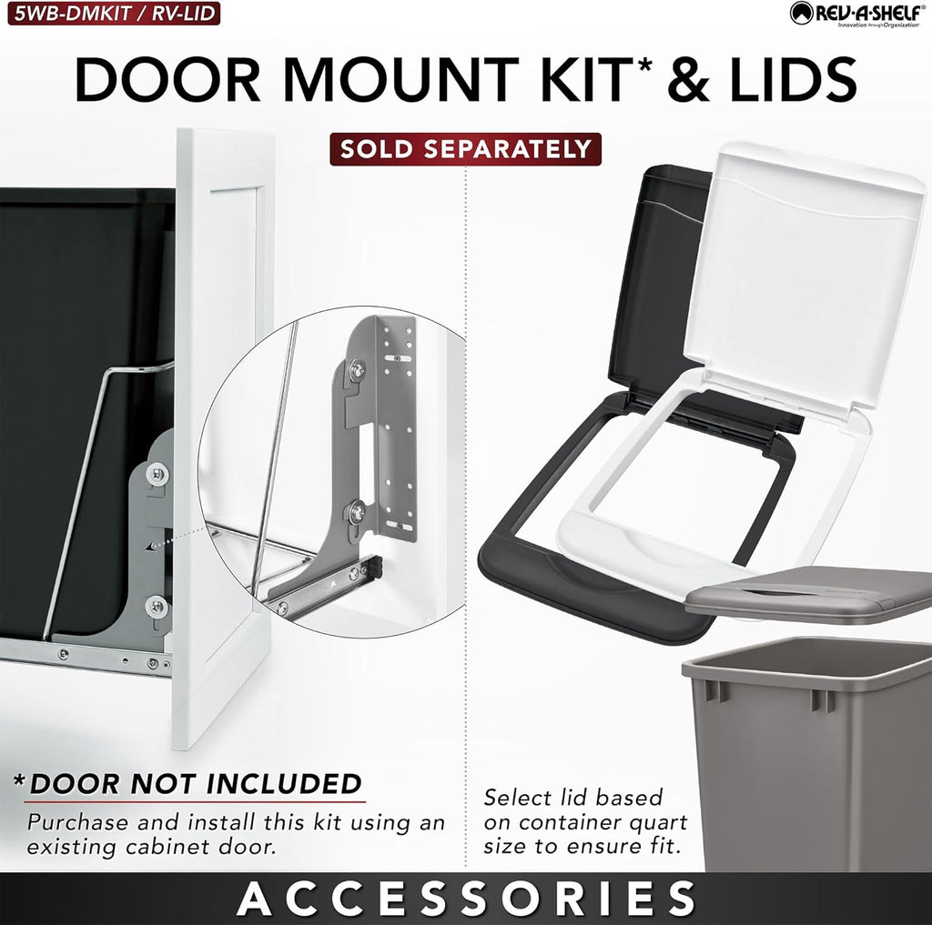 Rev-A-Shelf Pullout Trash Can for Kitchen Cabinets 35 Quart Garbage Waste Recycling Bin with Full Extension Slides, White, RV-12KD-11C