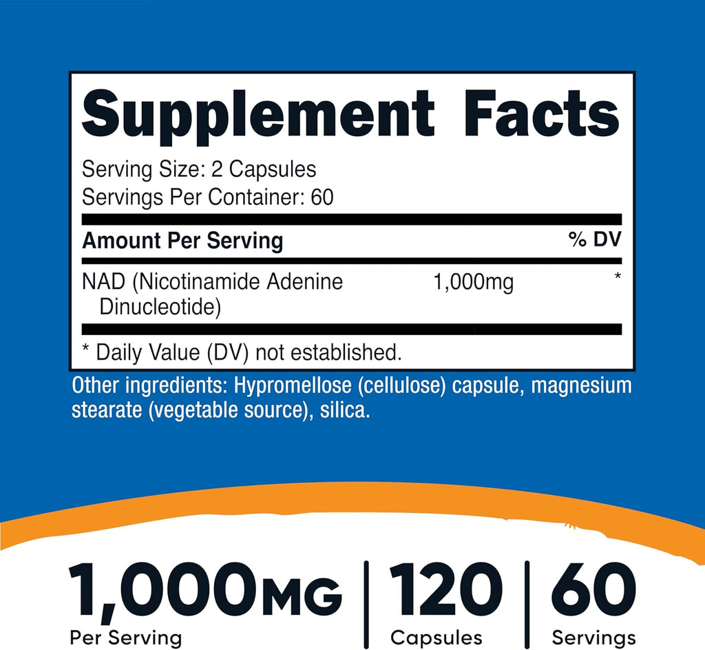 Nutricost NAD+ Supplement 1,000mg per Serving,120 Capsules (Nicotinamide Adenine Dinucleotide) - 60 Servings, Gluten-Free, Vegan