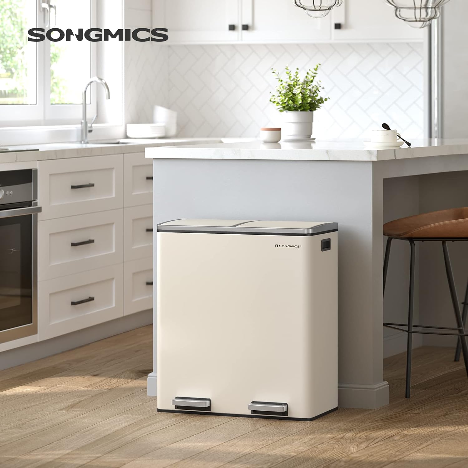 Trash Can, 2 x 8 Gallon (2 x 30 L) Garbage Can for Kitchen, with 15 Trash Bags, 2 Compartments, Plastic Inner Buckets and Hinged Lids, Airtight, Almond Color ULTB201A01