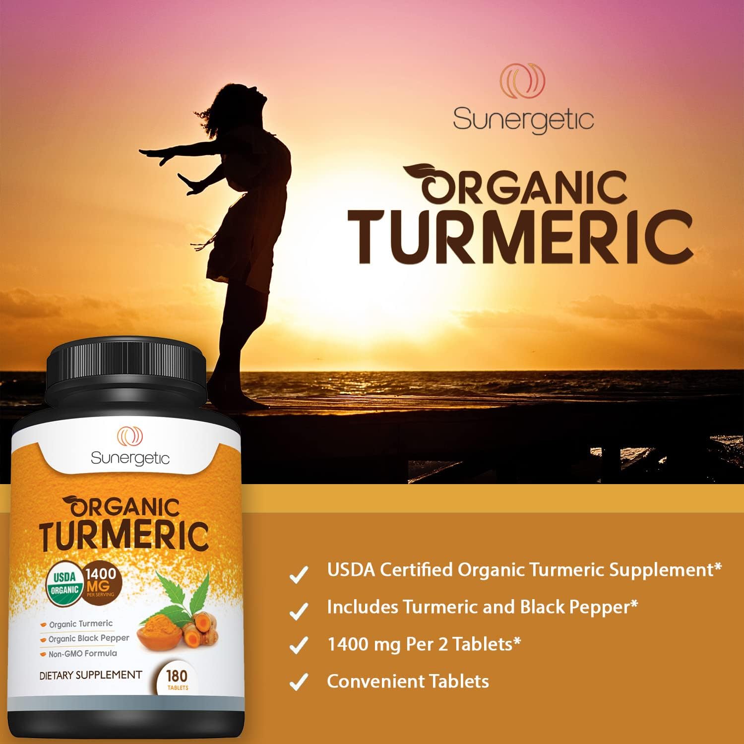 Sunergetic USDA Certified Organic Turmeric Supplement ¨C Includes Organic Turmeric & Organic Black Pepper ¨C 1,400mg of Turmeric per Serving - 180 Count (Pack of 1)