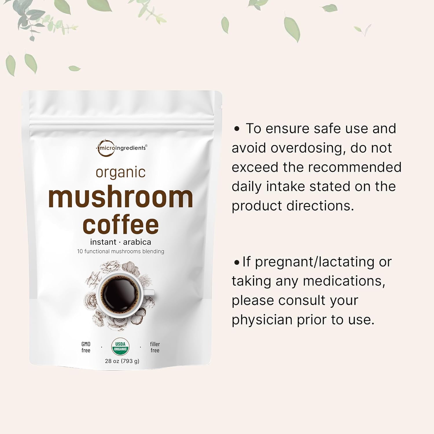 Organic Instant 10 in 1 Mushroom Coffee Powder, 28 Ounce (317 Servings) | Weight Immune Support | Premium Arabica Coffee with Lion¡¯s Mane, Chaga, Reishi,More