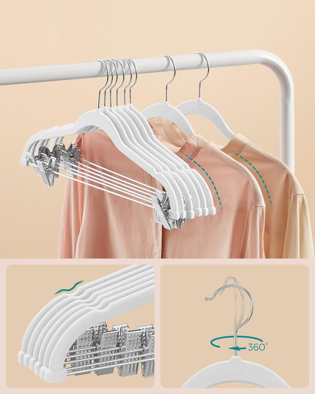 30-Pack Pants Hangers, 16.7-Inch Long Velvet Hanger with Adjustable Clips, Heavy-Duty, Non-Slip Skirt Hangers, Space-Saving for Pants, Skirts, Coats, Dresses, White UCRF012W02