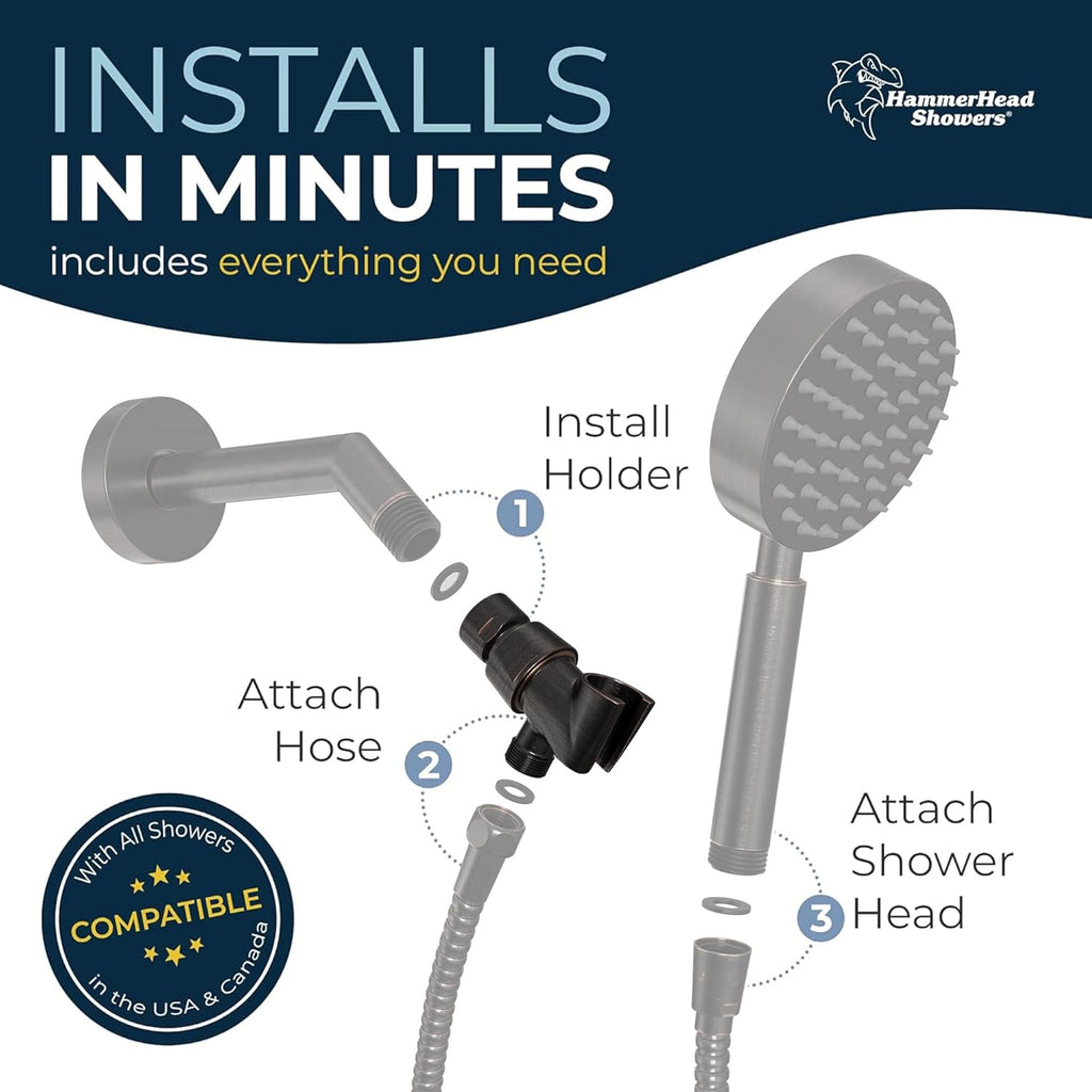 HammerHead Showers Solid Metal Handheld Showerhead Holder, Adjustable Wand Holder with Universal Wall Hook Bracket and Brass Pivot Ball, Oil Rubbed Bronze