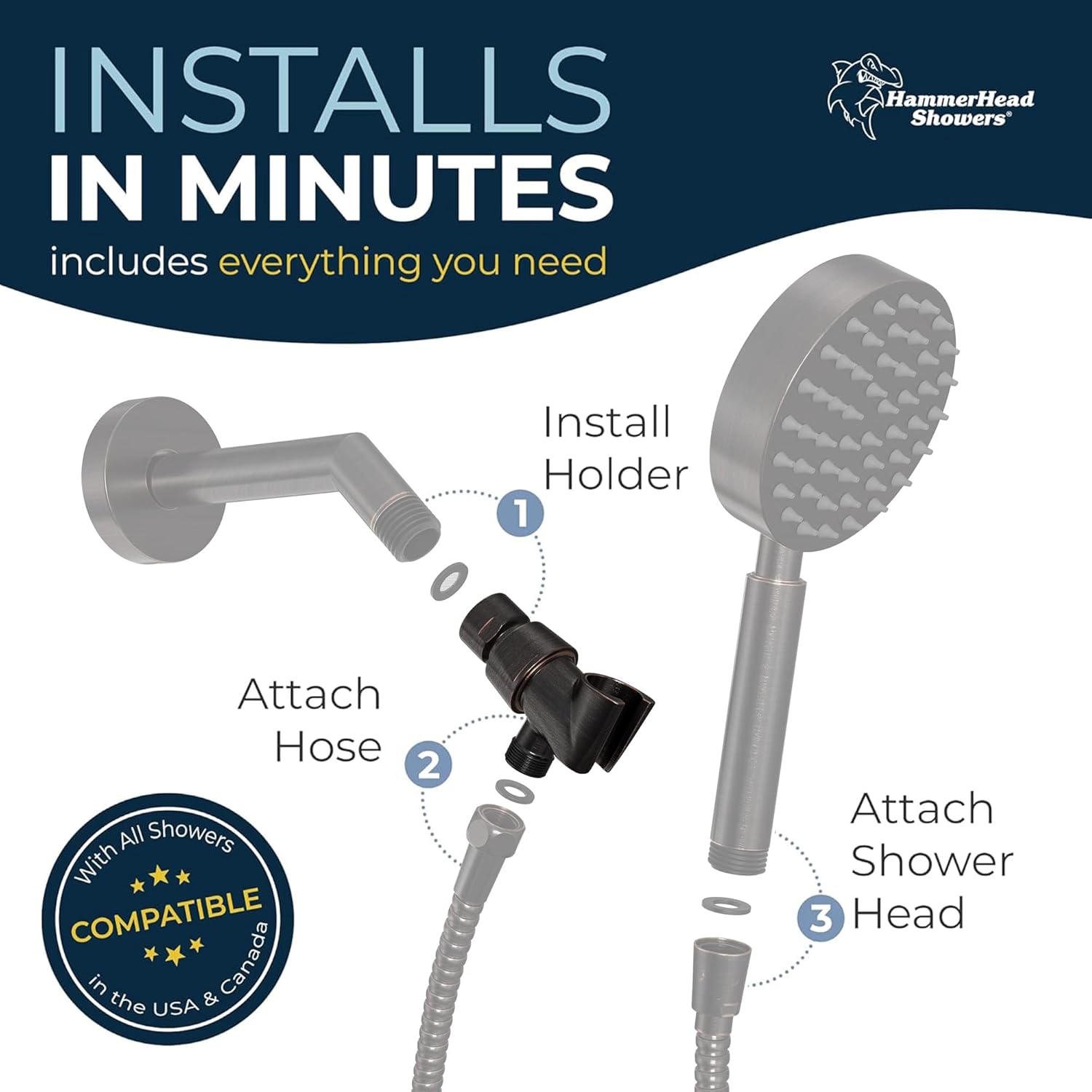 HammerHead Showers Solid Metal Handheld Showerhead Holder, Adjustable Wand Holder with Universal Wall Hook Bracket and Brass Pivot Ball, Oil Rubbed Bronze